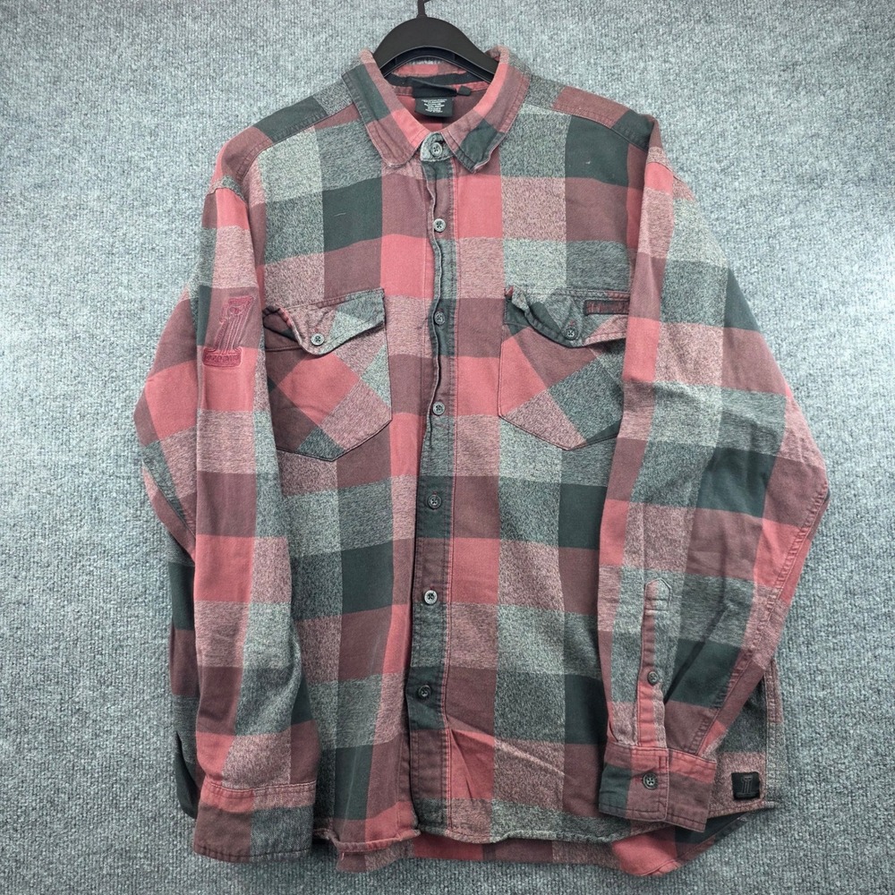 Harley-Davidson Mens XL Red Grey Buffalo Plaid Flannel‎ Back Graphic Biker Shirt